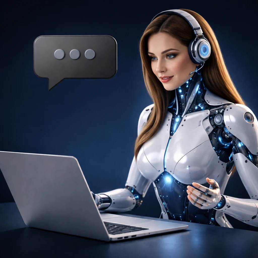 Een digitale receptionist met headset achter een laptop, klaar om oproepen en chatberichten te beantwoorden.