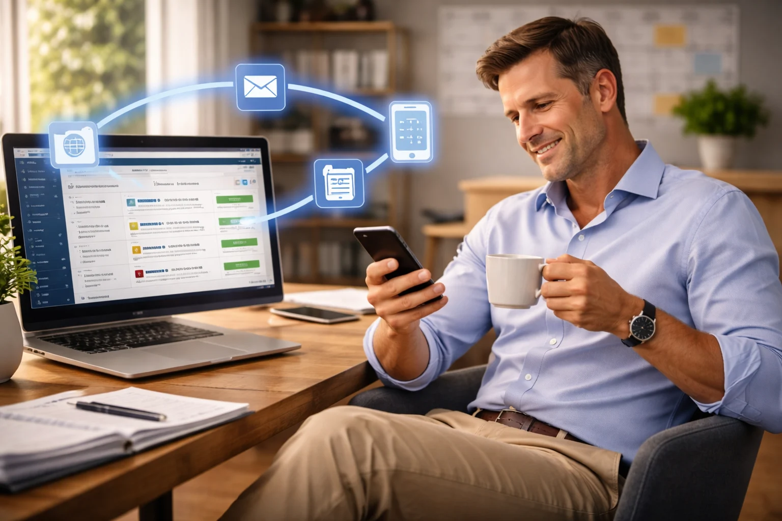 Een ondernemer met een koffie terwijl e-mail-, chat- en sms-berichten automatisch naar zijn leads vertrekken.
