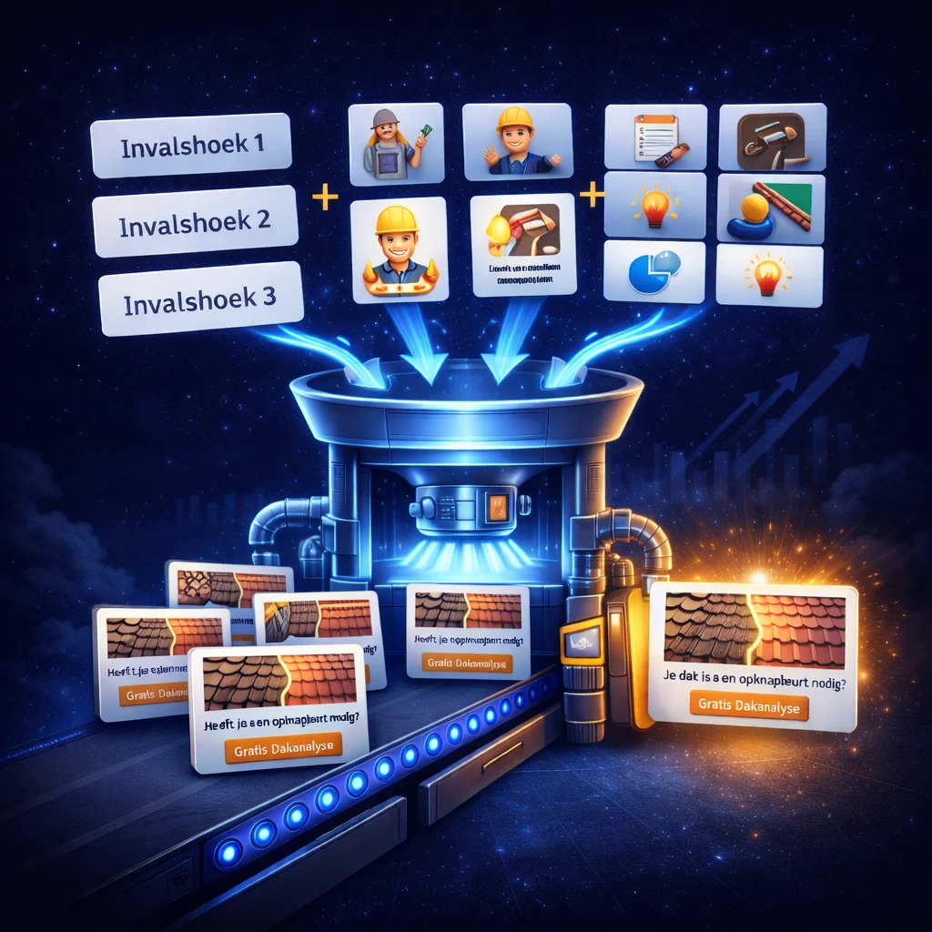 Visualisatie van het leadgeneratiesysteem van mBoost: advertenties brengen aanvragen binnen die automatisch worden opgevolgd.