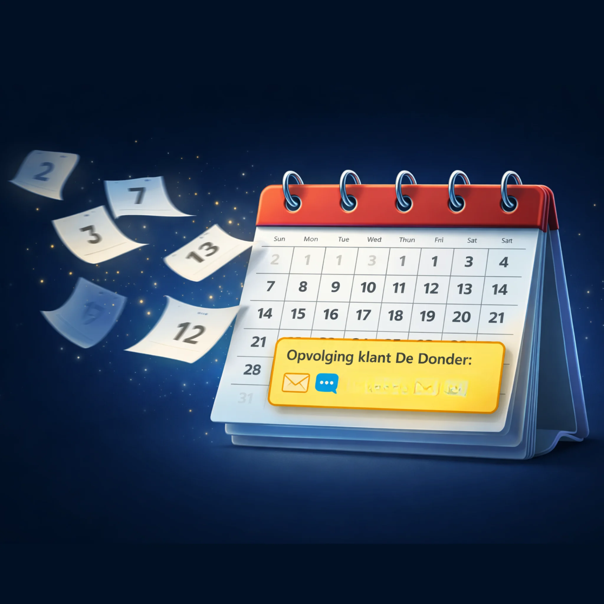Een kalender waarvan de blaadjes wegvliegen: hoe langer het stil blijft, hoe verder een lead uit beeld raakt.