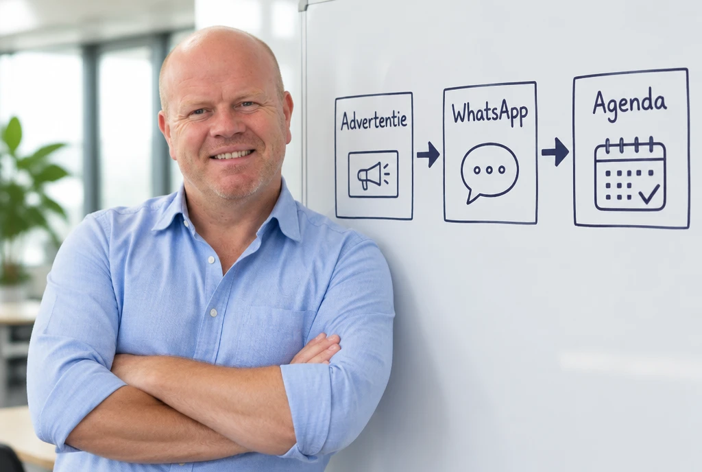 Marc De Bock van mBoost naast een whiteboard met drie blokken: Advertentie, WhatsApp en Agenda.