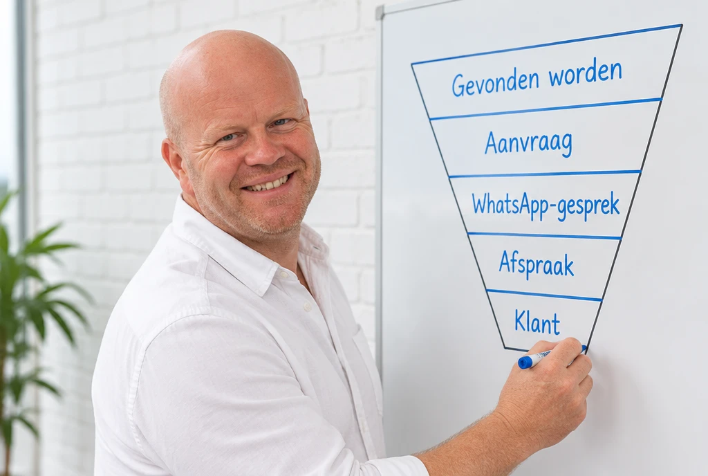 Marc De Bock van mBoost tekent een funnel met vijf blokken: Gevonden worden, Aanvraag, WhatsApp-gesprek, Afspraak en Klant.