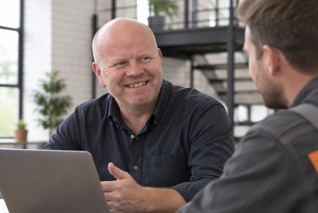 Marc De Bock van mBoost in gesprek met een ondernemer aan tafel, met een laptop.