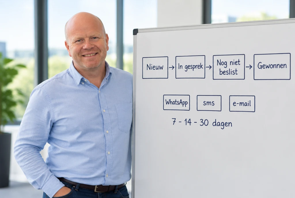 Marc De Bock van mBoost naast een whiteboard met de pipeline Nieuw, In gesprek, Nog niet beslist, Gewonnen en de kanalen WhatsApp, sms en e-mail.