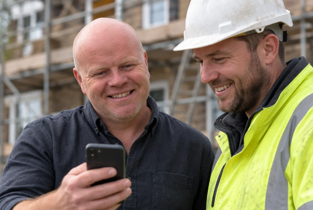 Marc De Bock van mBoost toont een aannemer iets op een smartphone op een werf.