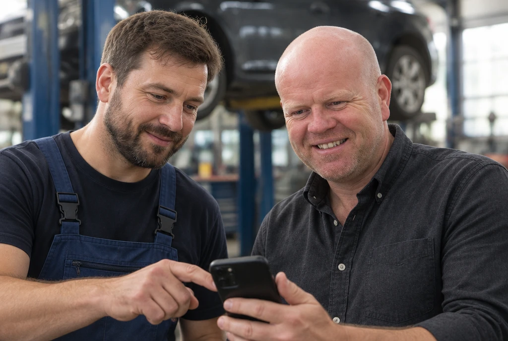 Marc De Bock van mBoost bekijkt samen met een garagehouder een smartphone in de werkplaats.