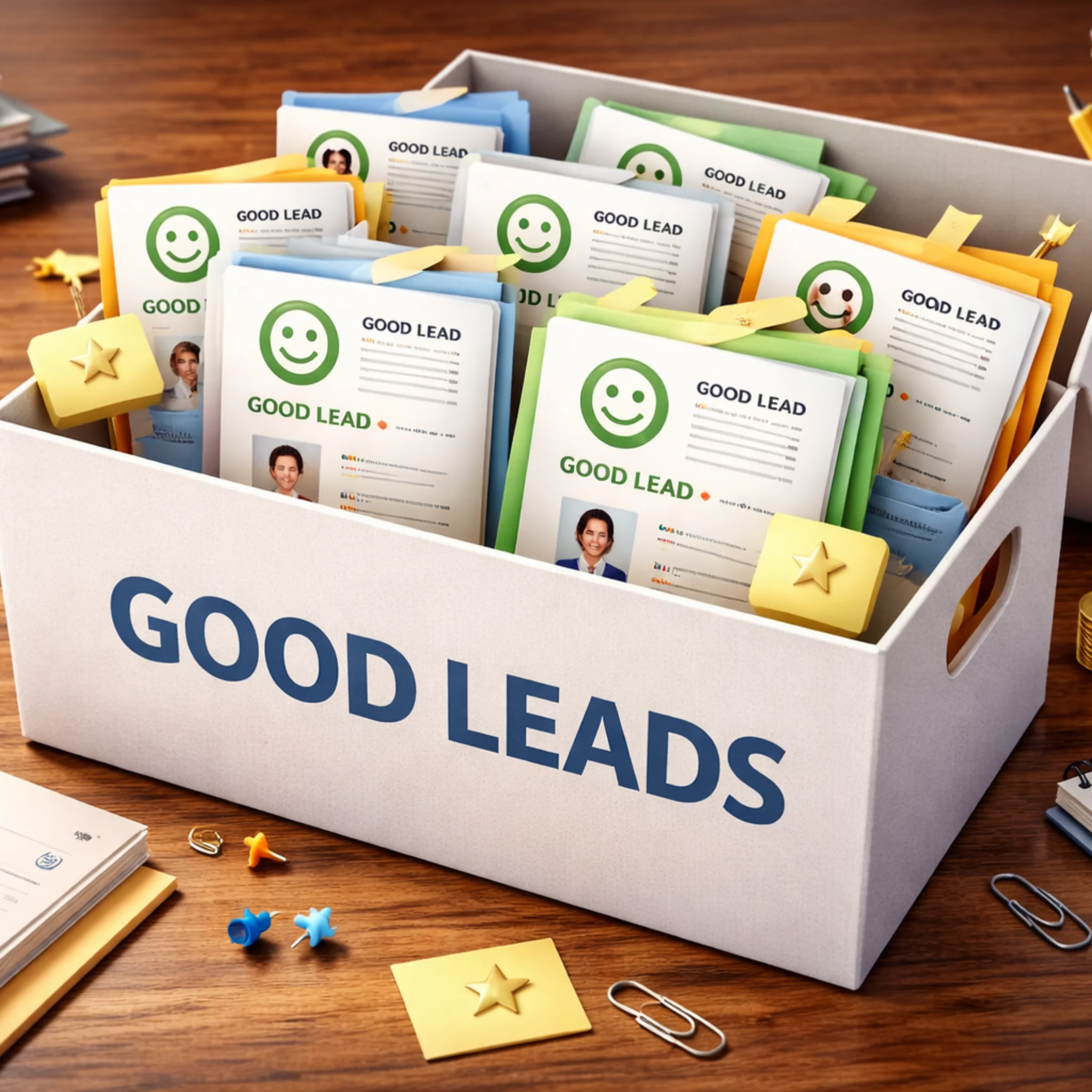 Een bak vol kaarten met 'good lead': wie nog niet beslist heeft, wordt bijgehouden in plaats van weggegooid.